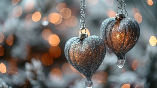  A Christmas tree adorned with two ornaments, each one dangling from a chain, forms the focal point of this image The tree's background features a hazy array