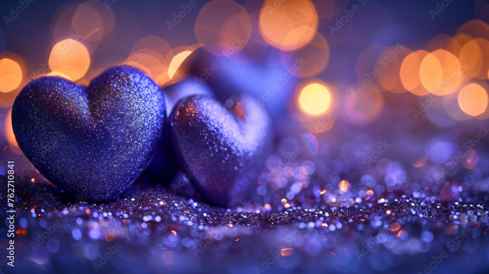 Poster a pair of purple hearts resting on a sparkling surface beneath a hazy light backdrop