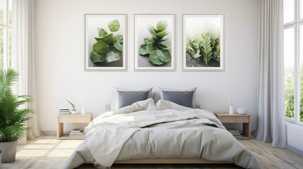 A white bedroom with a bed, nightstand, and a potted plant. The bed is covered with a white blanket and pillows. The room has a minimalist and clean look, with a focus on the bed and the potted plant