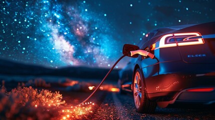 Closeup of a glowing electric plug connecting to a car under the stars, highlighting the quiet revolution of electric vehicles