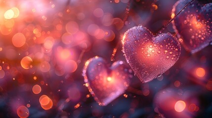  A string of heart-shaped ornaments adorned with water droplets, illuminated by a soft, warm glow - obrazy, fototapety, plakaty