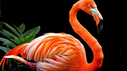 a close up of a flamingo on a black background with a plant in the foreground and a black background behind it.