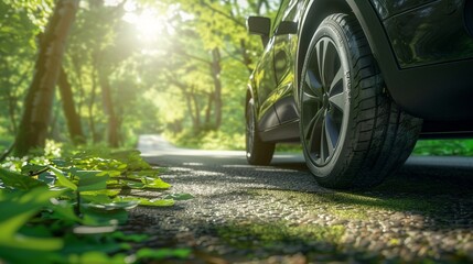 Closeup of an electric cars tire on a green road, symbolizing the journey towards a more sustainable future