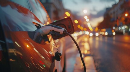 Closeup of electric plug inserting into car, twilight ambiance, side angle, highlighting sustainable travel, blurred foreground