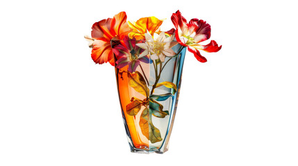 A glass vase filled with vibrant flowers, standing against a pure white backdrop