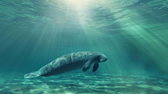 Manatee sea cow animal swimming on clear sea water. AI generated image