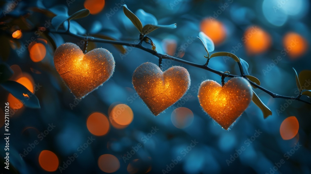 Poster three heart-shaped lights, each emitting soft, warm light, are suspended from a tree branch above a 