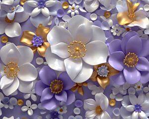 colourful 3d seamless wedding flowers and glistening pearls and lace patterns, pale purple, wihte and gold colors