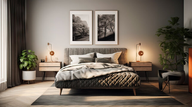 A bedroom with a large bed and two pictures on the wall. The bed is covered in a white comforter and the room has a modern and sophisticated feel