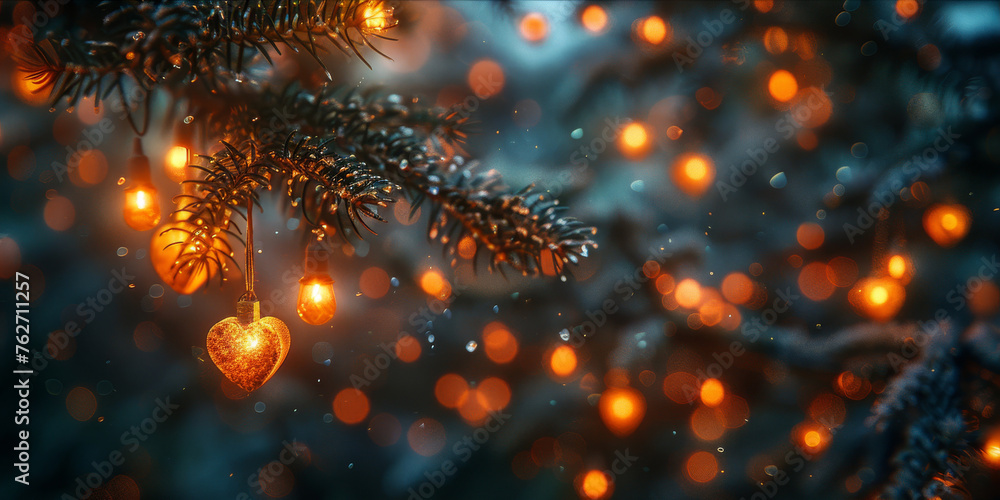 Poster a close-up of a christmas tree adorned with twinkling lights on its branches against a backdrop of o