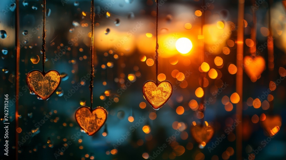 Poster a heart-shaped garland dangles from strings before a window, lit by sunlight filtering through falli