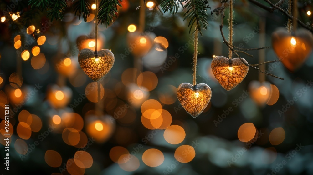 Poster a heart-shaped array of lights dangling from tree branches, illuminated by various hues