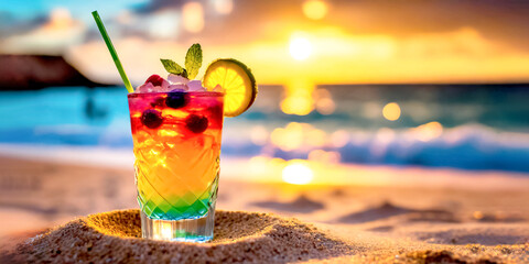 Cocktail am Strand mit Meer im Hintergrund im Abendlicht  - obrazy, fototapety, plakaty