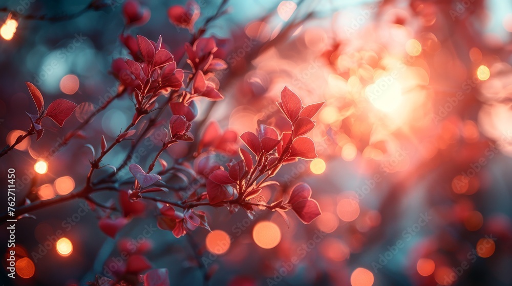 Poster a close-up of a red tree branch with blurred background lights