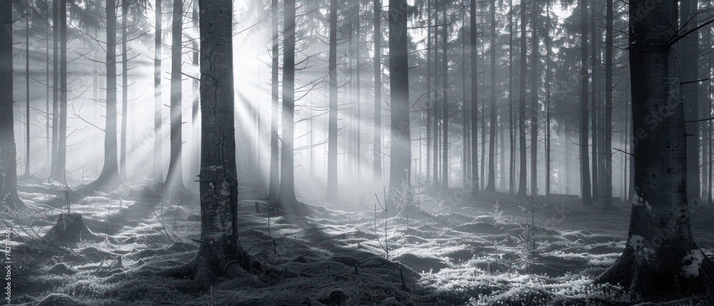 Poster a forest with trees and a sun shining through the trees
