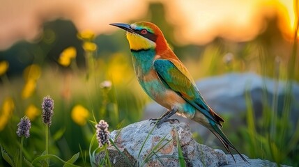 Fototapeta premium a colorful bird perched on top of a rock in a field of grass and wildflowers with a sunset in the background.