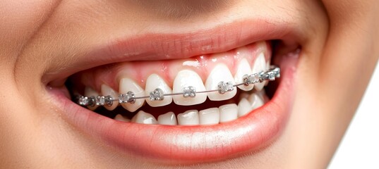 Obraz premium Child s happy smile with white teeth, metal braces on white background, space for text