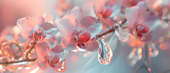 A close-up of a pink orchid branch with sun shining through, showcasing the beautiful petal...