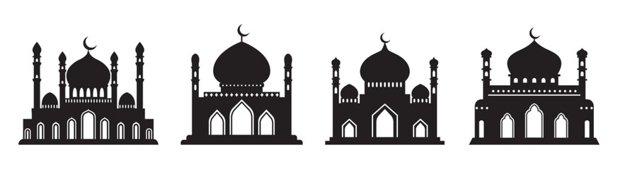 Vector islamic mosque black silhouettes set. Ramadan muslim icon collection isolated on white. Arabian mosque buildings shapes with minarets. Eid Al-Fitr illustration.