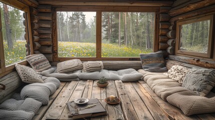  A sofa composed entirely of cushions rests on a wooden platform near a window overlooking a woodland - obrazy, fototapety, plakaty