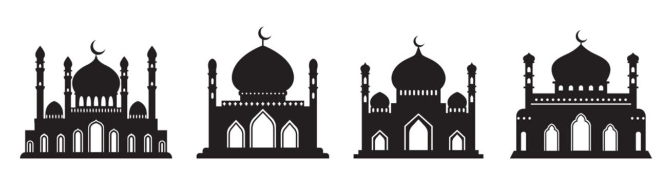 Vector islamic mosque black silhouettes set. Ramadan muslim icon collection isolated on white. Arabian mosque buildings shapes with minarets. Eid Al-Fitr illustration.