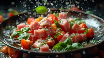  close-up image of a dish with ripe tomatoes and fresh spinach sprinkled on top, highlighting its vibrant colors and textures