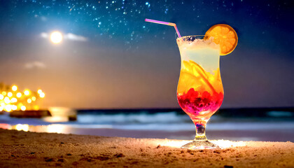 Cocktail am Strand mit Meer im Hintergrund im Abendlicht  - obrazy, fototapety, plakaty