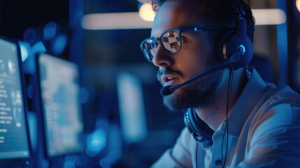 Portrait of concentrated male call center agent in headset working at night - obrazy, fototapety, plakaty