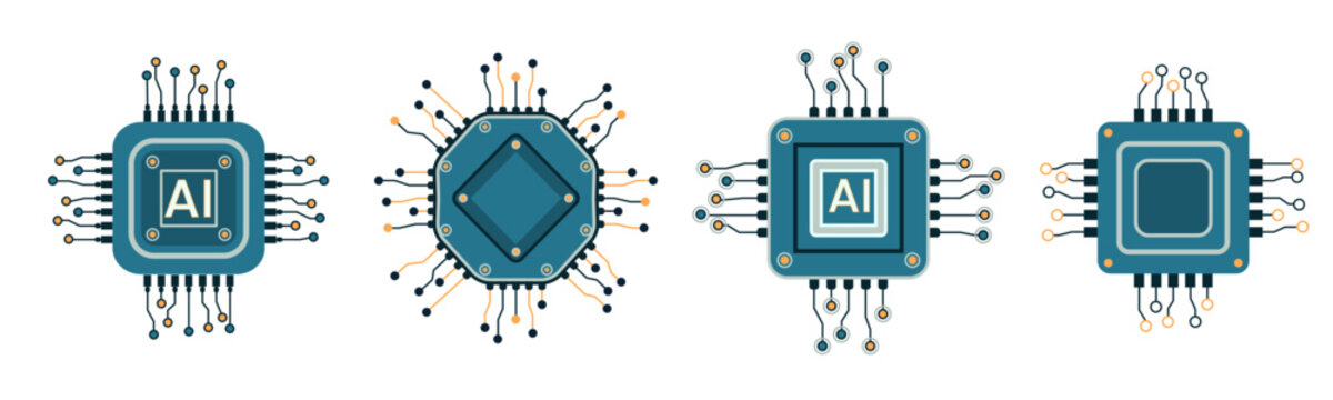 Vector computer electronic chip AI icons set. Microchip processor artificial intelligence, cpu, iot, big data isolated on white background.