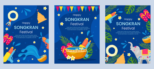 Vector Songkran water festival of Thailand greeting card banner. Gold cup, tropical flowers, leaves, water guns, pagoda on blue background. Vertical invitation, flyer, brochure, poster for event