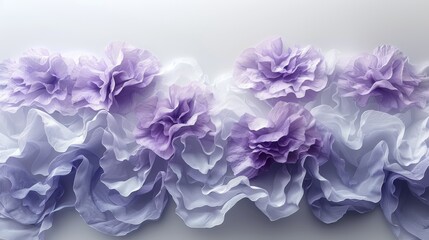  A group of purple flowers on a white wall, adjacent to another white wall with purple flowers