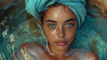 happy woman, with a towel wrapped around her head, is taking a bath. blue eyes, long eyelashes, and smiling mouth show contentment