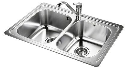A modern stainless steel double sink with two faucets shines under the light, creating a symphony of reflections