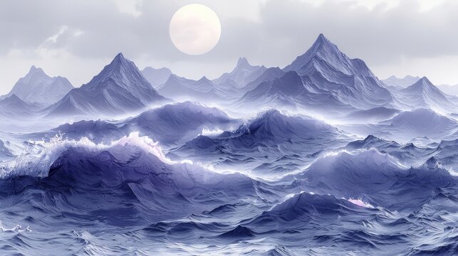  Digital painting of a mountain range under a full moon