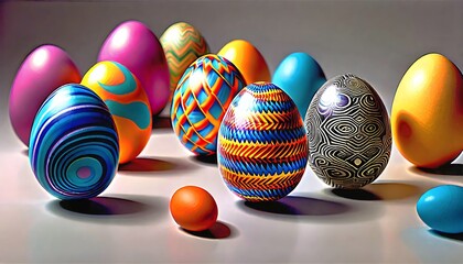 Colorful painted Easter eggs with intricate patterns on a light background with shadows.