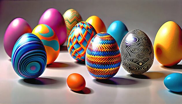 Colorful painted Easter eggs with intricate patterns on a light background with shadows.