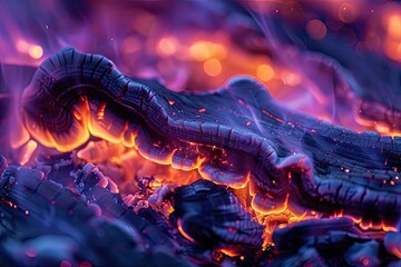 Closeup wood coals burning fire outdoors