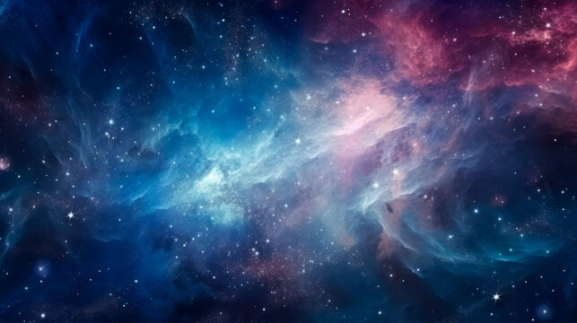 The space is vibrant with stars scattered across a colorful background. Fluffy clouds drift by, adding texture to the celestial scene. A snapshot of the galaxy. Milky Way Banner. Copy space