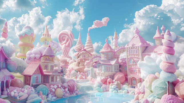Illustration beautiful fairy tale city in form candy in pastel colors. AI generated image