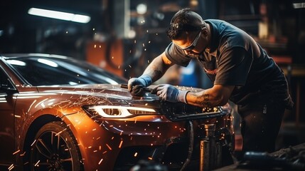 Man Repairing Car in Garage