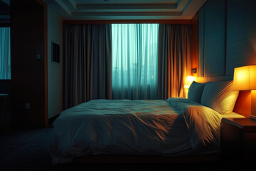 Chic Nighttime Ambiance: Dark Hotel Suite Featuring Crisp White Bedding