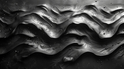  A monochrome photograph showcases a mountainous landscape, adorned with raindrops on its peaks and valleys