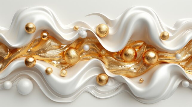  A stunning golden-white abstract background, adorned with a few gold orbs above a cresting wave of shimmering gold paint