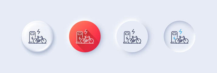 Electric bike line icon. Neumorphic, Red gradient, 3d pin buttons. Motorized bicycle transport sign. Charge ebike symbol. Line icons. Neumorphic buttons with outline signs. Vector
