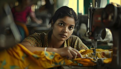 Young Indian woman sewing on a sewing machine, working in a clothing factory in India