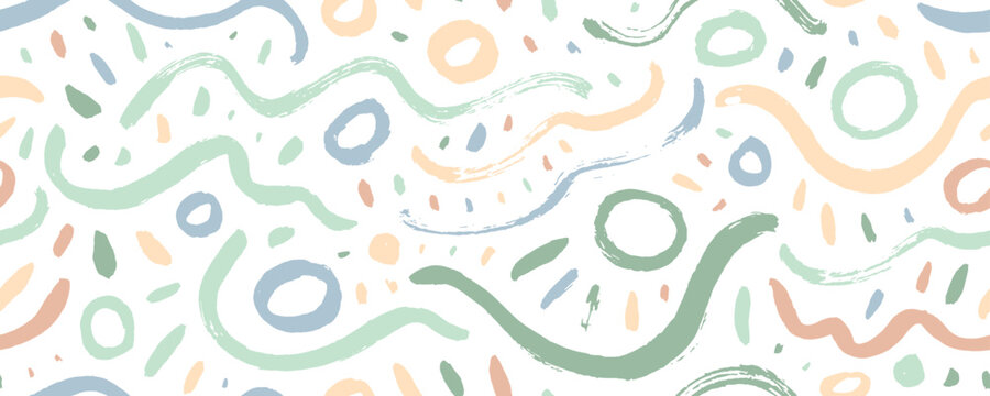 Pastel colored seamless pattern with brush drawn wavy lines, squiggles, doodle circles and short strokes.