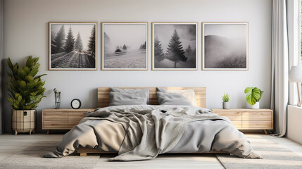 A bedroom with a white bed and a wooden nightstand. The bed is covered with a white comforter and a gray blanket. There are four pictures on the wall, including one of a tree