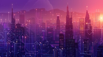 Illustration modern futuristic digital circuit city building background. AI generated