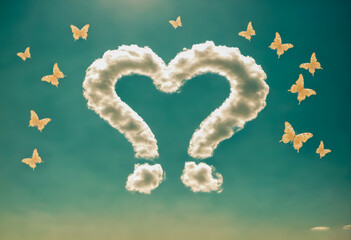 Fototapeta premium Two question marks in form of heart on blue sky.