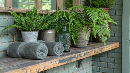  A sill next to a wall has towels and potted plants on a shelf